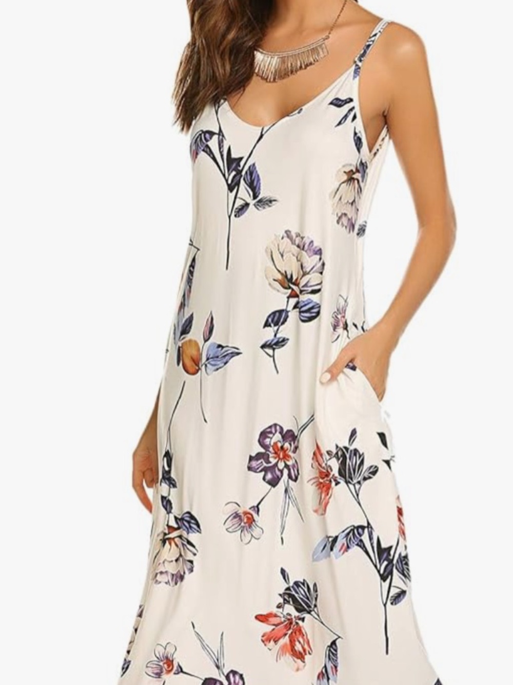 Women’s Cream Floral Maxi Dress - Lightweight Summer Slip Dress - Picture 9 of 10